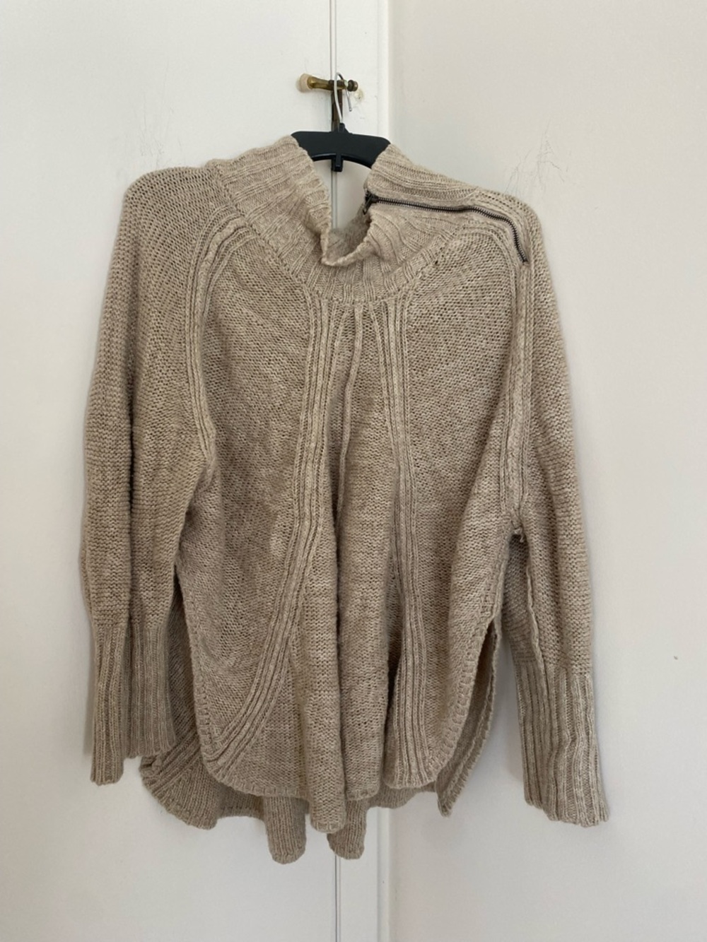 Cozy Oatmeal Knit Sweater Poncho Zip Collar Drapey Pullover Cabincore Large XL